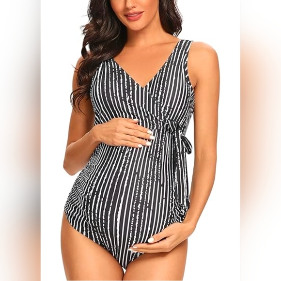 Tempotrek Maternity Elegant V Neck Tie Front Bowknot Monokini Swimsuit Size XL. - Picture 1 of 10